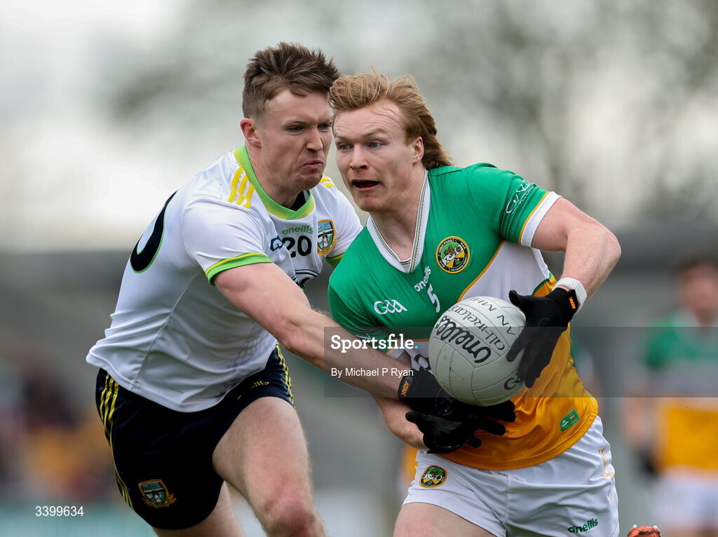 22 March 2026; Cormac Egan of Offaly in action against Cian McBride of Meath during the Allianz Football League Division 2 match between Offaly and Meath at Glenisk O'Connor Park in Tullamore, Offaly. Photo by Michael P Ryan/Sportsfile