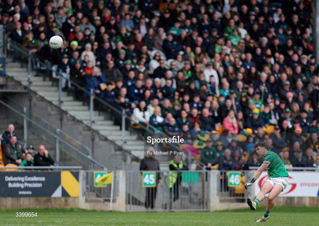 22 March 2026; Offaly goalkeeper Conor Melia kicks a two point score during the Allianz Football League Division 2 match between Offaly and Meath at Glenisk O'Connor Park in Tullamore, Offaly. Photo by Michael P Ryan/Sportsfile