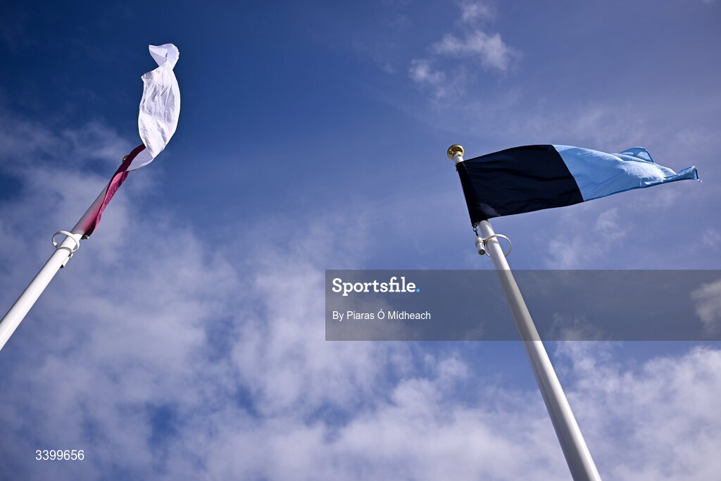 22 March 2026; The Galway GAA flag and Dublin GAA flying inside the ground before the Allianz Football League Division 1 match between Galway and Dublin at Pearse Stadium in Galway. Photo by Piaras Ó Mídheach/Sportsfile