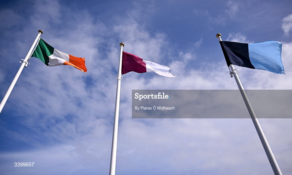 22 March 2026; The Irish tricolour, Galway GAA flag and Dublin GAA flying inside the ground before the Allianz Football League Division 1 match between Galway and Dublin at Pearse Stadium in Galway. Photo by Piaras Ó Mídheach/Sportsfile