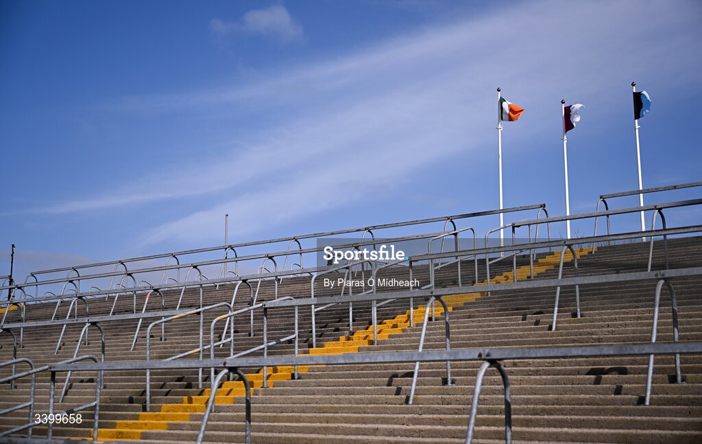 22 March 2026; The Irish tricolour, Galway GAA flag and Dublin GAA flying inside the ground before the Allianz Football League Division 1 match between Galway and Dublin at Pearse Stadium in Galway. Photo by Piaras Ó Mídheach/Sportsfile