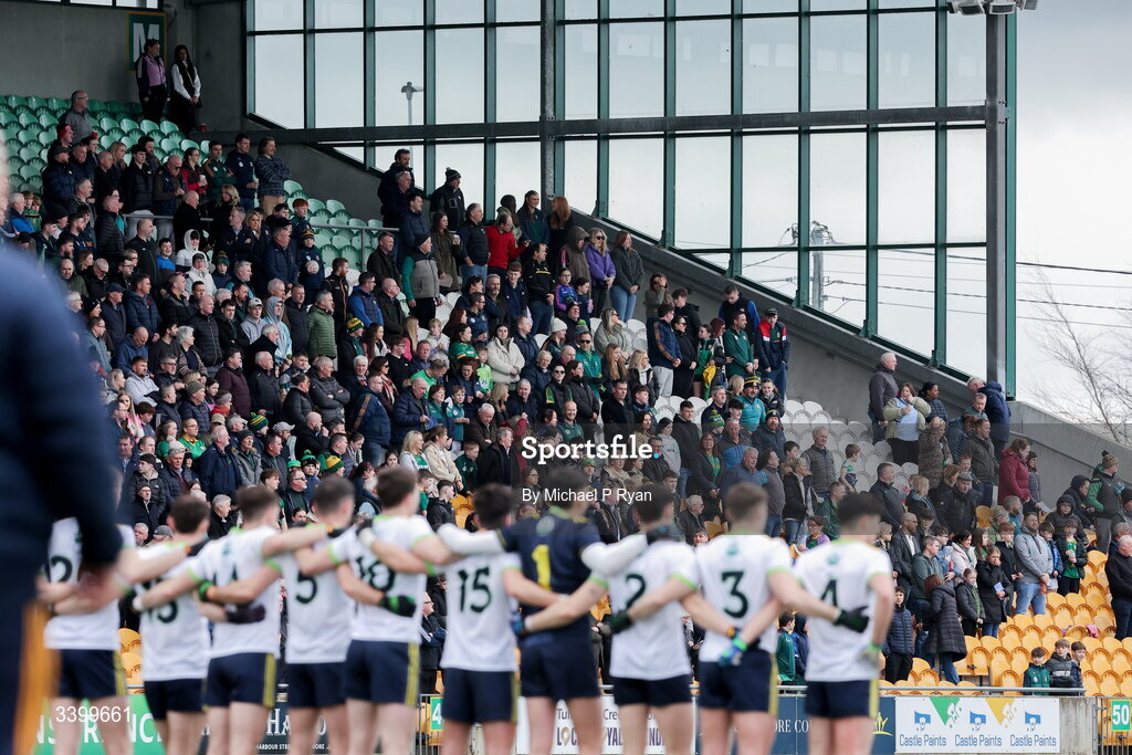 22 March 2026; Supporters during the playing of Amhrán na bhFiann before the Allianz Football League Division 2 match between Offaly and Meath at Glenisk O'Connor Park in Tullamore, Offaly. Photo by Michael P Ryan/Sportsfile