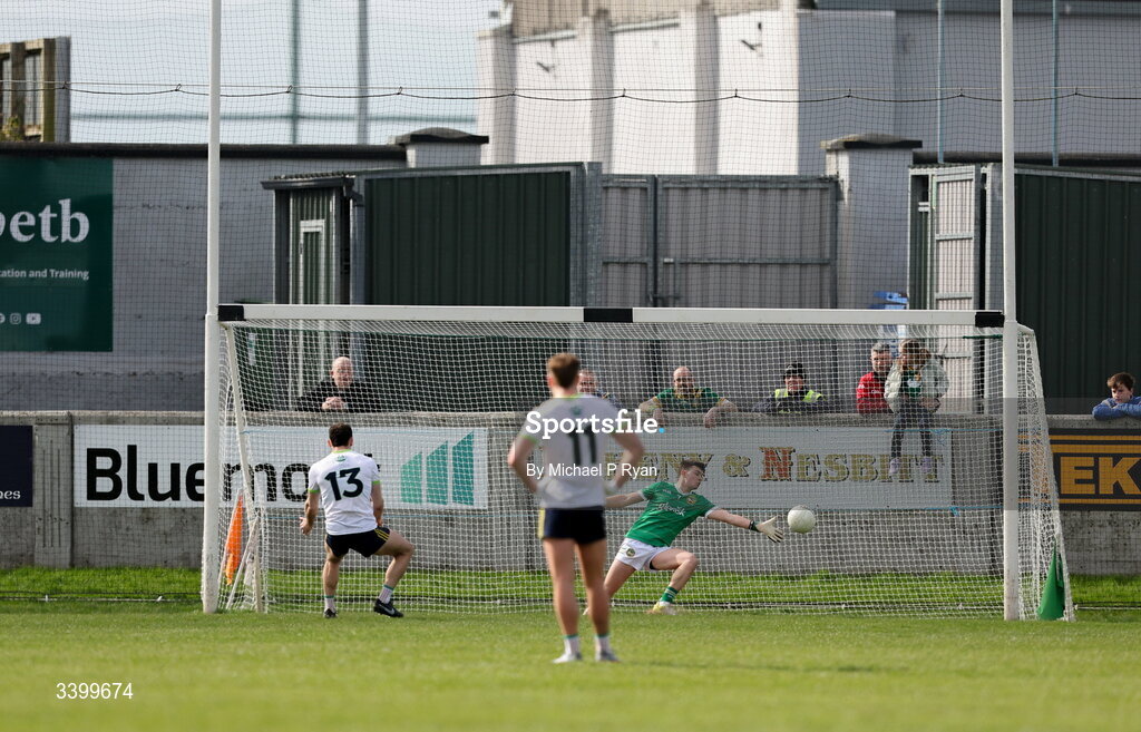 22 March 2026; Jordan Morris of Meath shoots to score his side's second goal, a penalty past Offaly goalkeeper Conor Melia during the Allianz Football League Division 2 match between Offaly and Meath at Glenisk O'Connor Park in Tullamore, Offaly. Photo by Michael P Ryan/Sportsfile