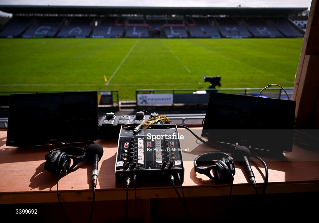 22 March 2026; A general view inside the TG4 commentary box before the Allianz Football League Division 1 match between Galway and Dublin at Pearse Stadium in Galway. Photo by Piaras Ó Mídheach/Sportsfile