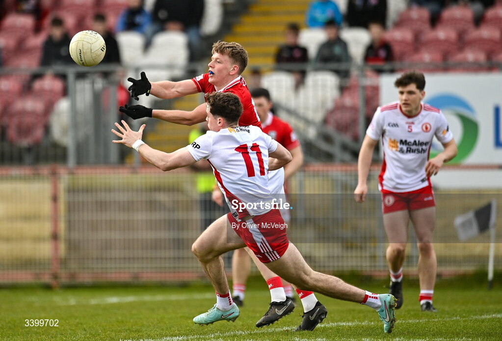 22 March 2026; Dara Sheedy of Cork in action against Ronan Cassidy of Tyrone during the Allianz Football League Division 2 match between Tyrone and Cork at O'Neills Healy Park in Omagh, Tyrone. Photo by Oliver McVeigh/Sportsfile