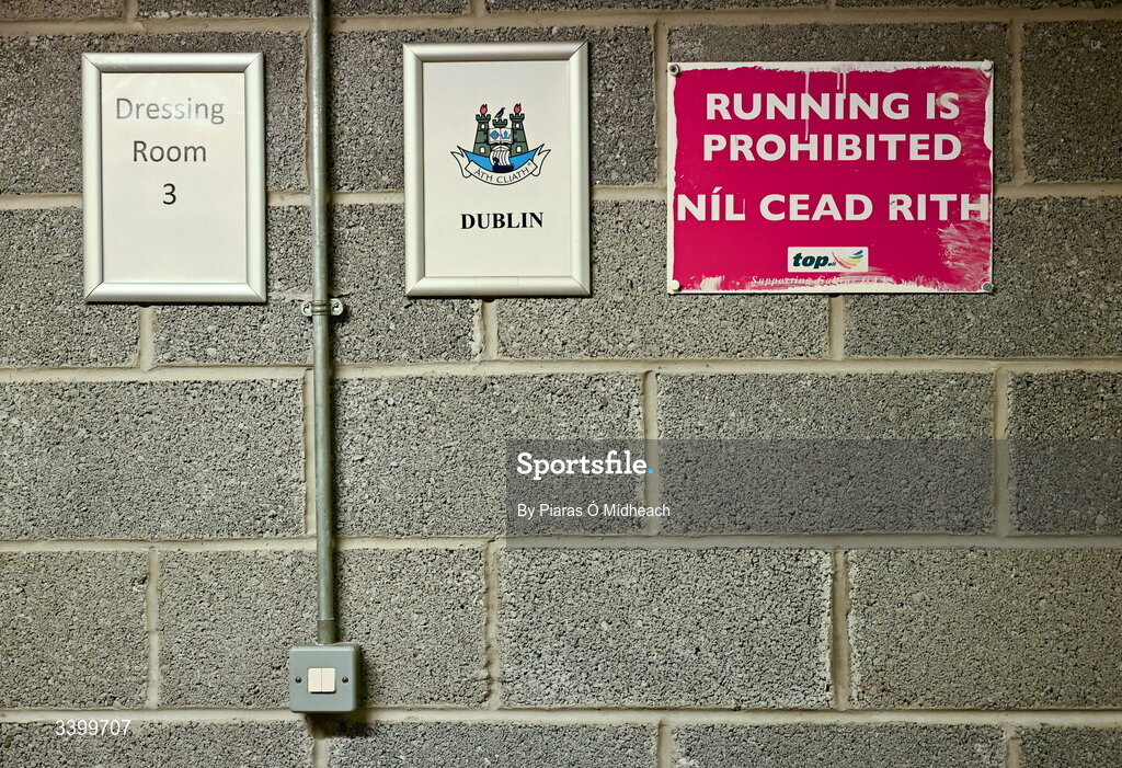 22 March 2026; Signs outside the Dublin dressing room before the Allianz Football League Division 1 match between Galway and Dublin at Pearse Stadium in Galway. Photo by Piaras Ó Mídheach/Sportsfile