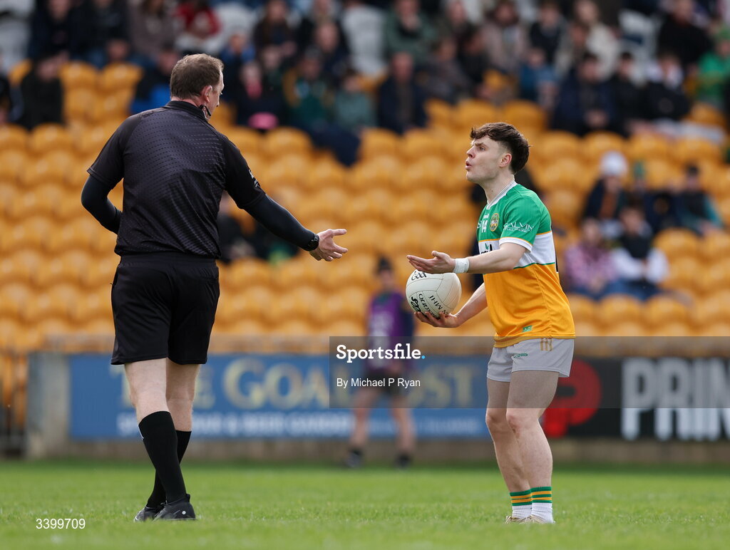 22 March 2026; Shane Tierney of Offaly remonstrates with referee Séamus Mulhare during the Allianz Football League Division 2 match between Offaly and Meath at Glenisk O'Connor Park in Tullamore, Offaly. Photo by Michael P Ryan/Sportsfile