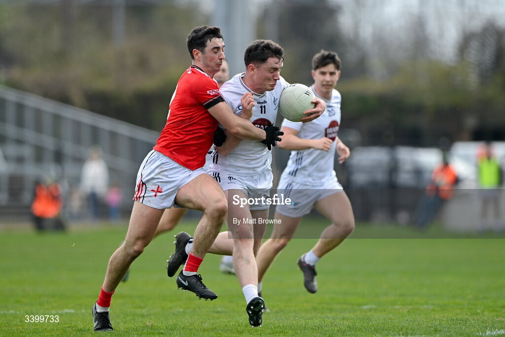 22 March 2026; Alex Beirne of Kildare in action against Emmet Carolan of Louth during the Allianz Football League Division 2 match between Kildare and Louth at Cedral St Conleth's Park in Newbridge, Kildare. Photo by Matt Browne/Sportsfile