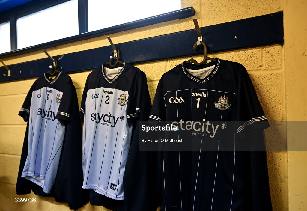 22 March 2026; The Dublin jerseys of, from right, goalkeeper Hugh O'Sullivan, Eoin Murchan and Nathan Doran in the dressing room before the Allianz Football League Division 1 match between Galway and Dublin at Pearse Stadium in Galway. Photo by Piaras Ó Mídheach/Sportsfile
