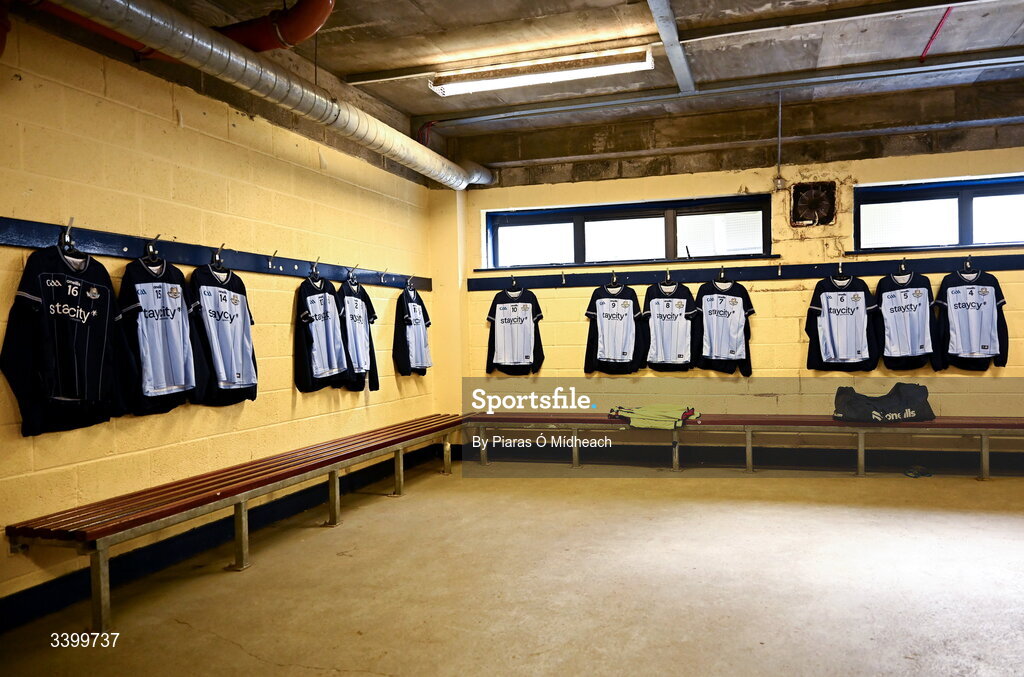 22 March 2026; The Dublin jerseys in the dressing room before the Allianz Football League Division 1 match between Galway and Dublin at Pearse Stadium in Galway. Photo by Piaras Ó Mídheach/Sportsfile