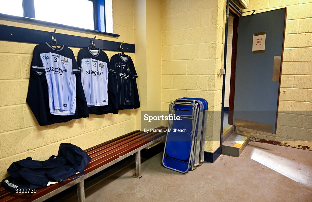 22 March 2026; The Dublin jerseys of, from left, Nathan Doran, Eoin Murchan and goalkeeper Hugh O'Sullivan in the dressing room before the Allianz Football League Division 1 match between Galway and Dublin at Pearse Stadium in Galway. Photo by Piaras Ó Mídheach/Sportsfile