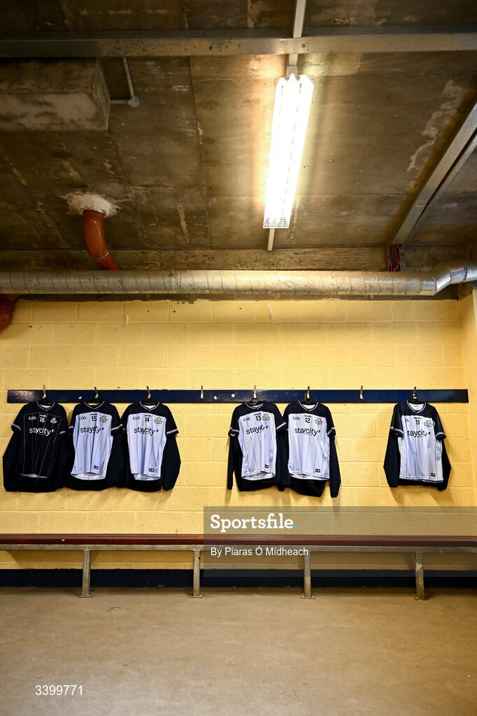 22 March 2026; The Dublin jerseys in the dressing room before the Allianz Football League Division 1 match between Galway and Dublin at Pearse Stadium in Galway. Photo by Piaras Ó Mídheach/Sportsfile