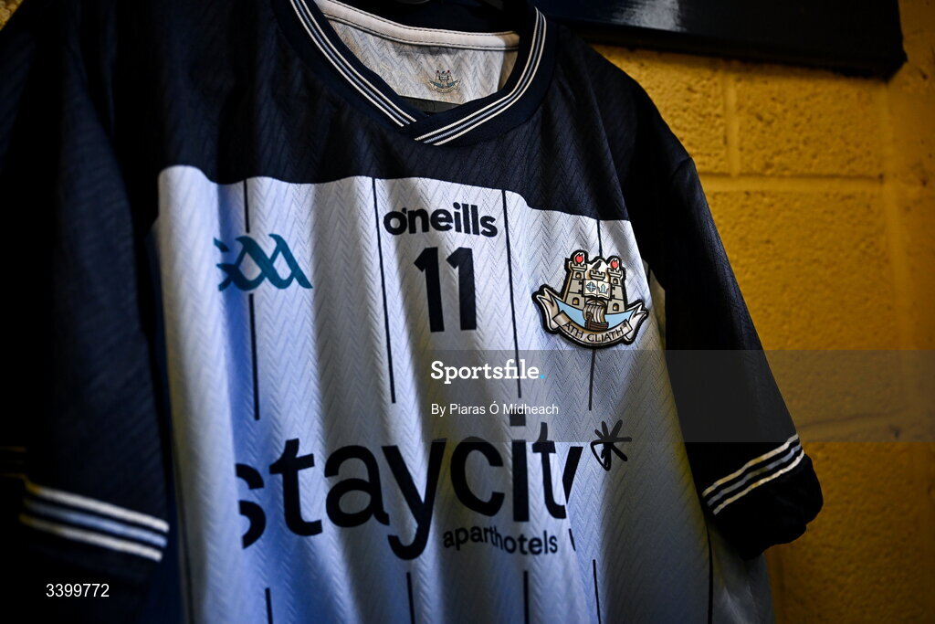 22 March 2026; The jersey of Seán Bugler of Dublin in the dressing room before the Allianz Football League Division 1 match between Galway and Dublin at Pearse Stadium in Galway. Photo by Piaras Ó Mídheach/Sportsfile