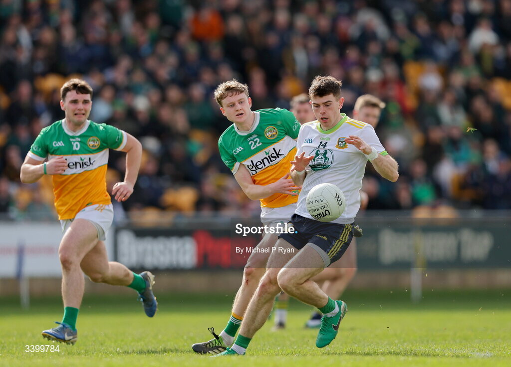 22 March 2026; Eoghan Frayne of Meath in action against Daire McDaid of Offaly during the Allianz Football League Division 2 match between Offaly and Meath at Glenisk O'Connor Park in Tullamore, Offaly. Photo by Michael P Ryan/Sportsfile