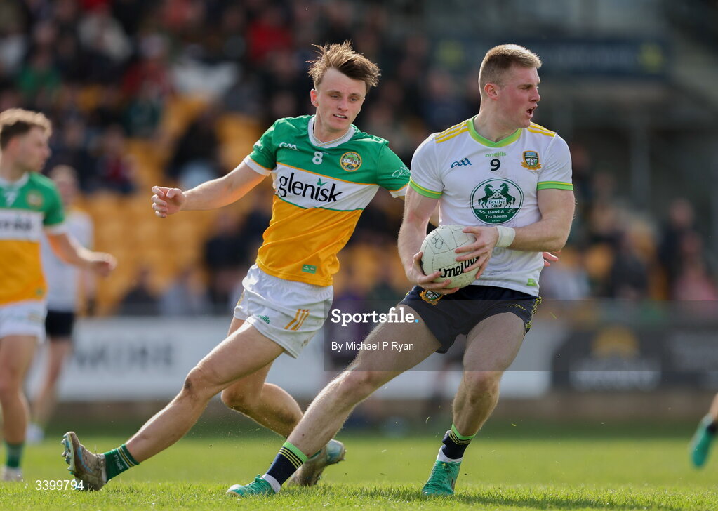 22 March 2026; Jack Flynn of Meath in action against Jack McEvoy of Offaly during the Allianz Football League Division 2 match between Offaly and Meath at Glenisk O'Connor Park in Tullamore, Offaly. Photo by Michael P Ryan/Sportsfile