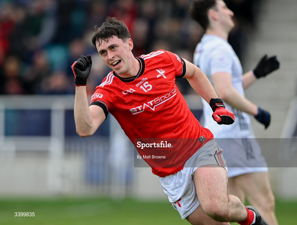 22 March 2026; Kieran McArdle of Louth celebrates after scoring a goal against Kildare during the Allianz Football League Division 2 match between Kildare and Louth at Cedral St Conleth's Park in Newbridge, Kildare. Photo by Matt Browne/Sportsfile