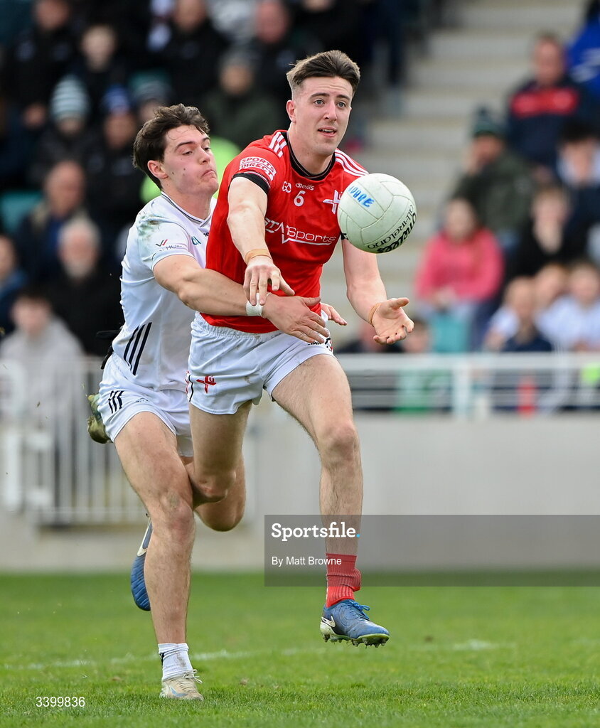 22 March 2026; Dara McDonnell of Louth in action against Brendan Gibbons of Kildare during the Allianz Football League Division 2 match between Kildare and Louth at Cedral St Conleth's Park in Newbridge, Kildare. Photo by Matt Browne/Sportsfile