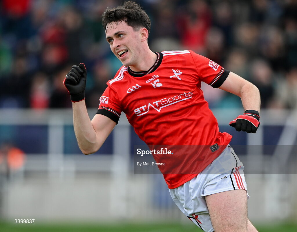 22 March 2026; Kieran McArdle of Louth celebrates after scoring a goal against Kildare during the Allianz Football League Division 2 match between Kildare and Louth at Cedral St Conleth's Park in Newbridge, Kildare. Photo by Matt Browne/Sportsfile