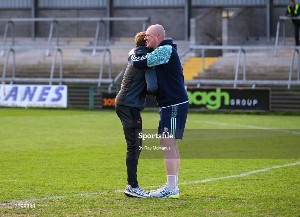 22 March 2026; Kerry selector and coach, and formerly of Armagh, Kieran Donaghy, right, is greeted by injured Armagh player Ciaran Macken before the Allianz Football League Division 1 match between Armagh and Kerry at BOX-IT Athletic Grounds in Armagh. Photo by Ray McManus/Sportsfile