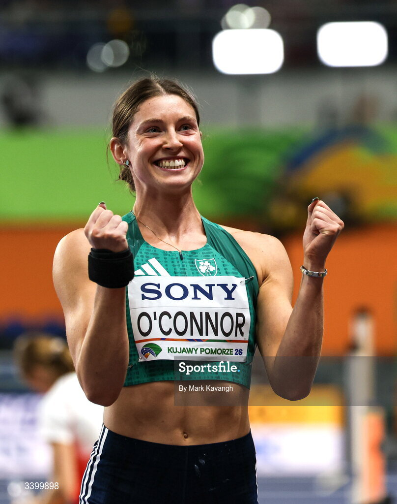 22 March 2026; Kate O'Connor of Ireland celebrates after throwing a personal best of 14.70m in the pentathlon shot put during day three of the World Athletics Indoor Championships at Kujawsko-Pomorska Arena in Torun, Poland. Photo by Mark Kavanagh/Sportsfile