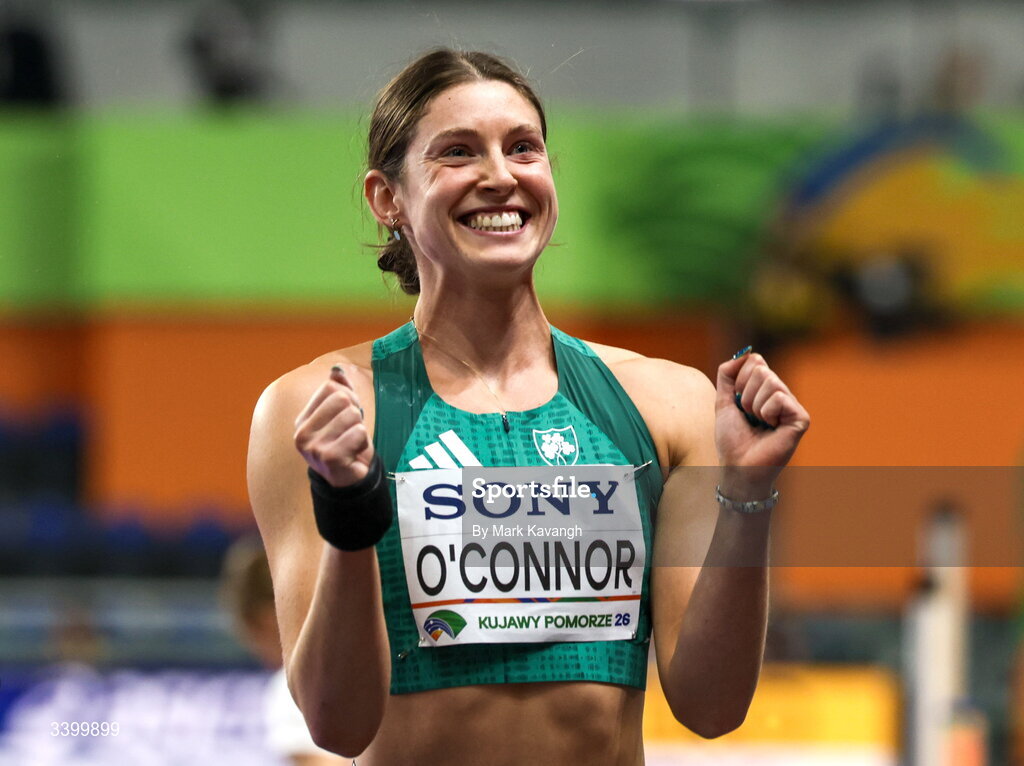 22 March 2026; Kate O'Connor of Ireland celebrates after throwing a personal best of 14.70m in the pentathlon shot put during day three of the World Athletics Indoor Championships at Kujawsko-Pomorska Arena in Torun, Poland. Photo by Mark Kavanagh/Sportsfile