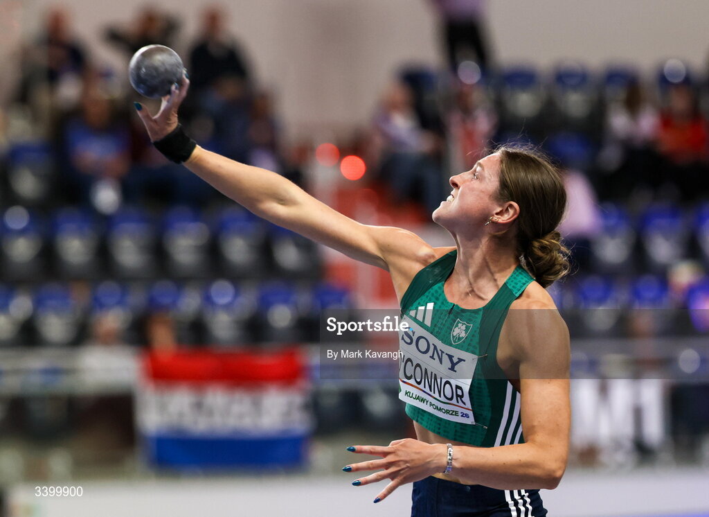 22 March 2026; Kate O'Connor of Ireland competes in the pentathlon shot put during day three of the World Athletics Indoor Championships at Kujawsko-Pomorska Arena in Torun, Poland. Photo by Mark Kavanagh/Sportsfile