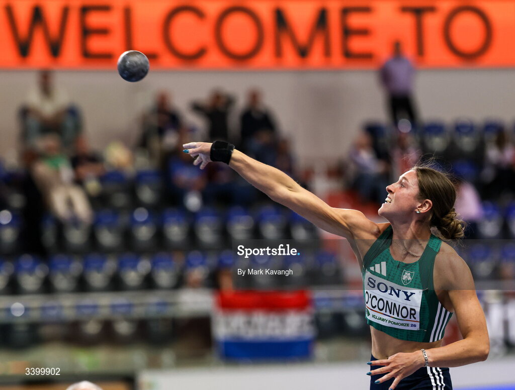 22 March 2026; Kate O'Connor of Ireland competes in the pentathlon shot put during day three of the World Athletics Indoor Championships at Kujawsko-Pomorska Arena in Torun, Poland. Photo by Mark Kavanagh/Sportsfile