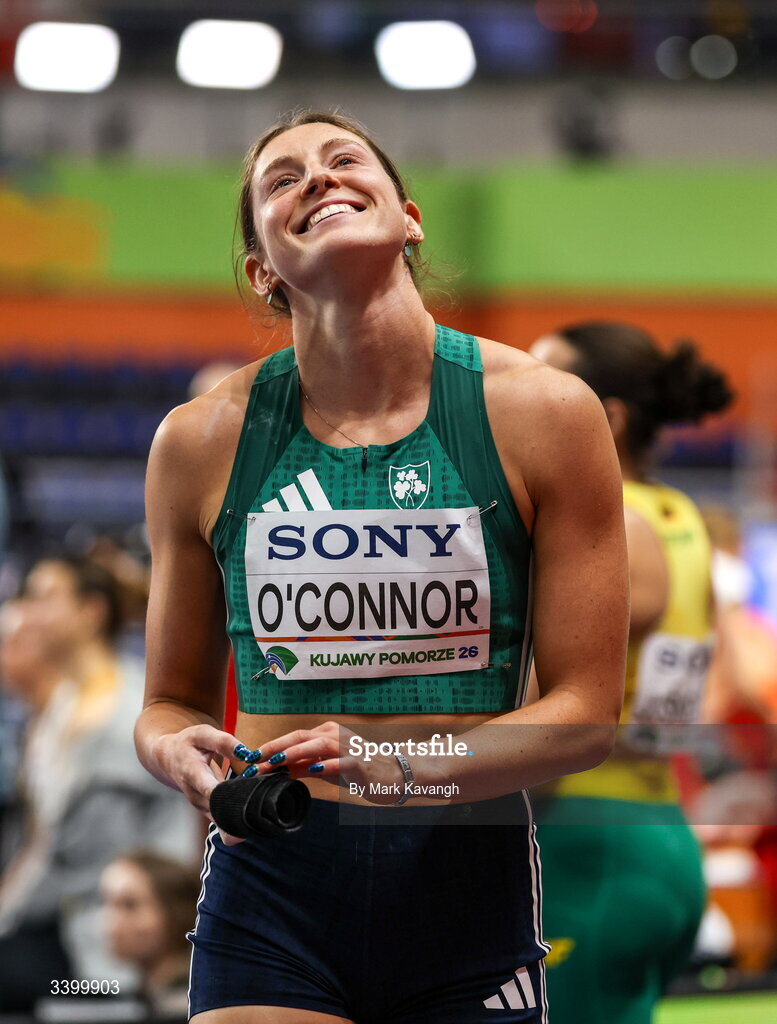22 March 2026; Kate O'Connor of Ireland celebrates after throwing a personal best of 14.70m in the pentathlon shot put during day three of the World Athletics Indoor Championships at Kujawsko-Pomorska Arena in Torun, Poland. Photo by Mark Kavanagh/Sportsfile