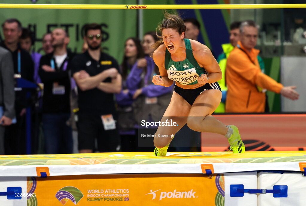 22 March 2026; Kate O'Connor of Ireland celebrates a clearance in the pentathlon high jump during day three of the World Athletics Indoor Championships at Kujawsko-Pomorska Arena in Torun, Poland. Photo by Mark Kavanagh/Sportsfile