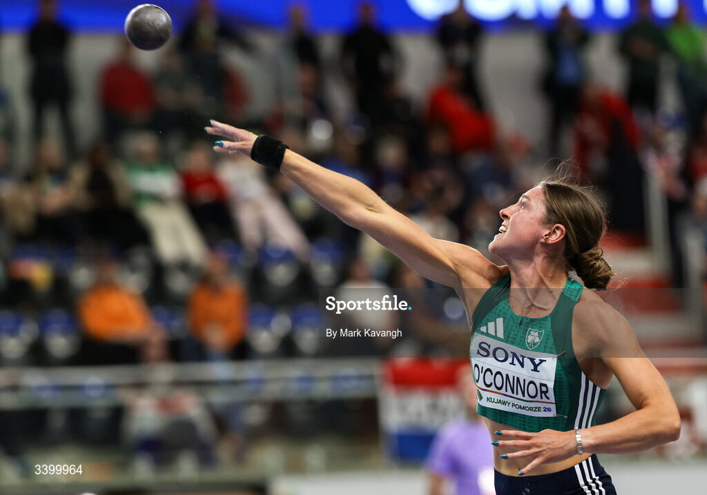 22 March 2026; Kate O'Connor of Ireland competes in the pentathlon shot put during day three of the World Athletics Indoor Championships at Kujawsko-Pomorska Arena in Torun, Poland. Photo by Mark Kavanagh/Sportsfile