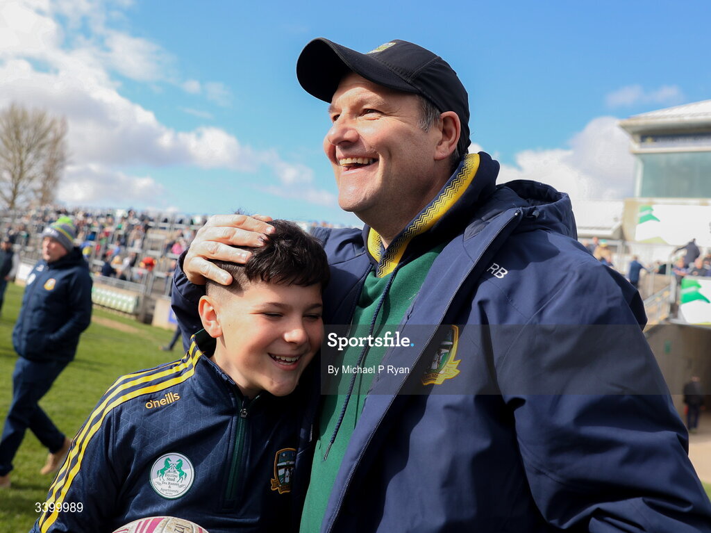 22 March 2026; Meath manager Robbie Brennan celebrates with his son Kyle after the Allianz Football League Division 2 match between Offaly and Meath at Glenisk O'Connor Park in Tullamore, Offaly. Photo by Michael P Ryan/Sportsfile