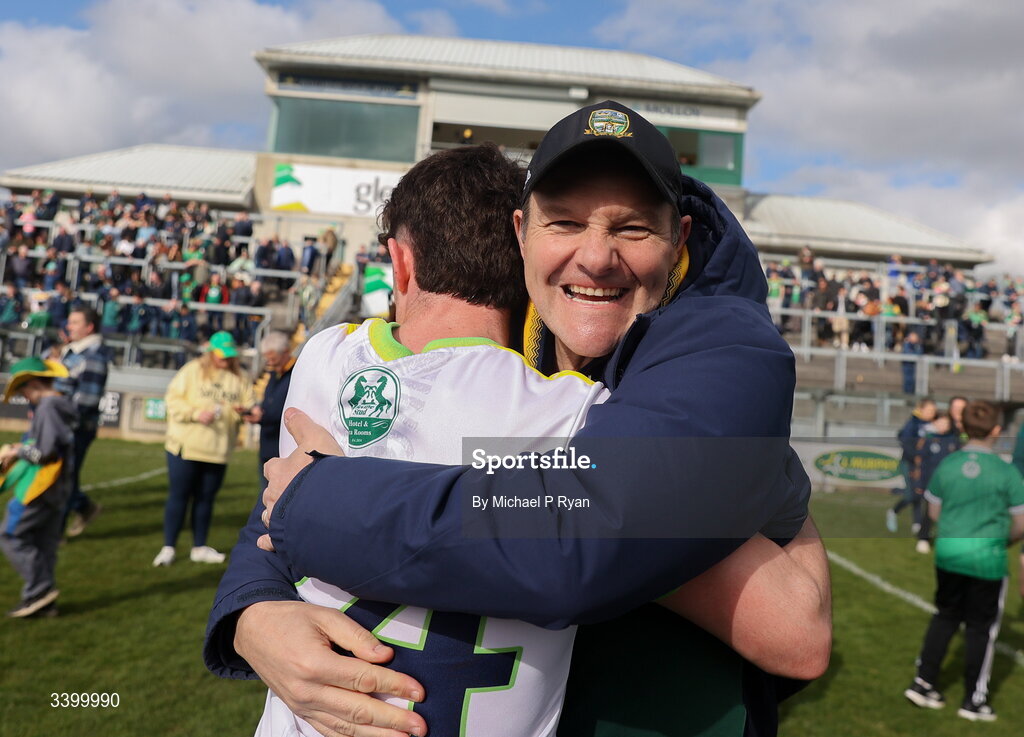22 March 2026; Meath manager Robbie Brennan celebrates with Jason Scully after the Allianz Football League Division 2 match between Offaly and Meath at Glenisk O'Connor Park in Tullamore, Offaly. Photo by Michael P Ryan/Sportsfile