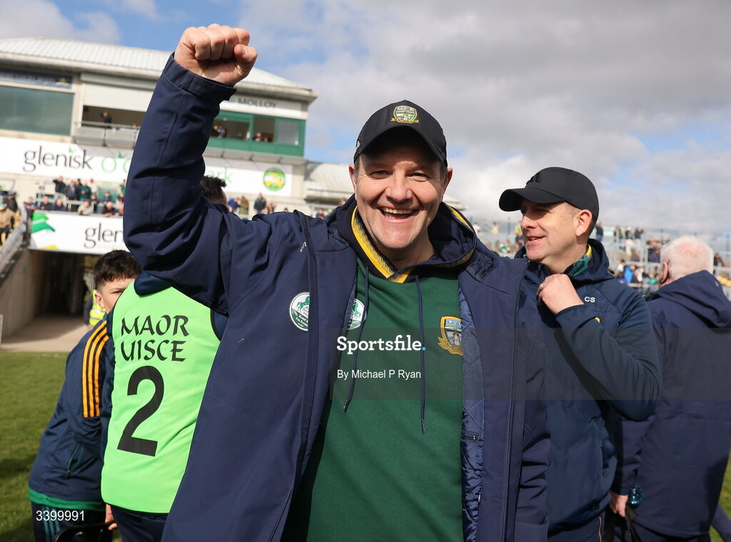 22 March 2026; Meath manager Robbie Brennan celebrates after the Allianz Football League Division 2 match between Offaly and Meath at Glenisk O'Connor Park in Tullamore, Offaly. Photo by Michael P Ryan/Sportsfile