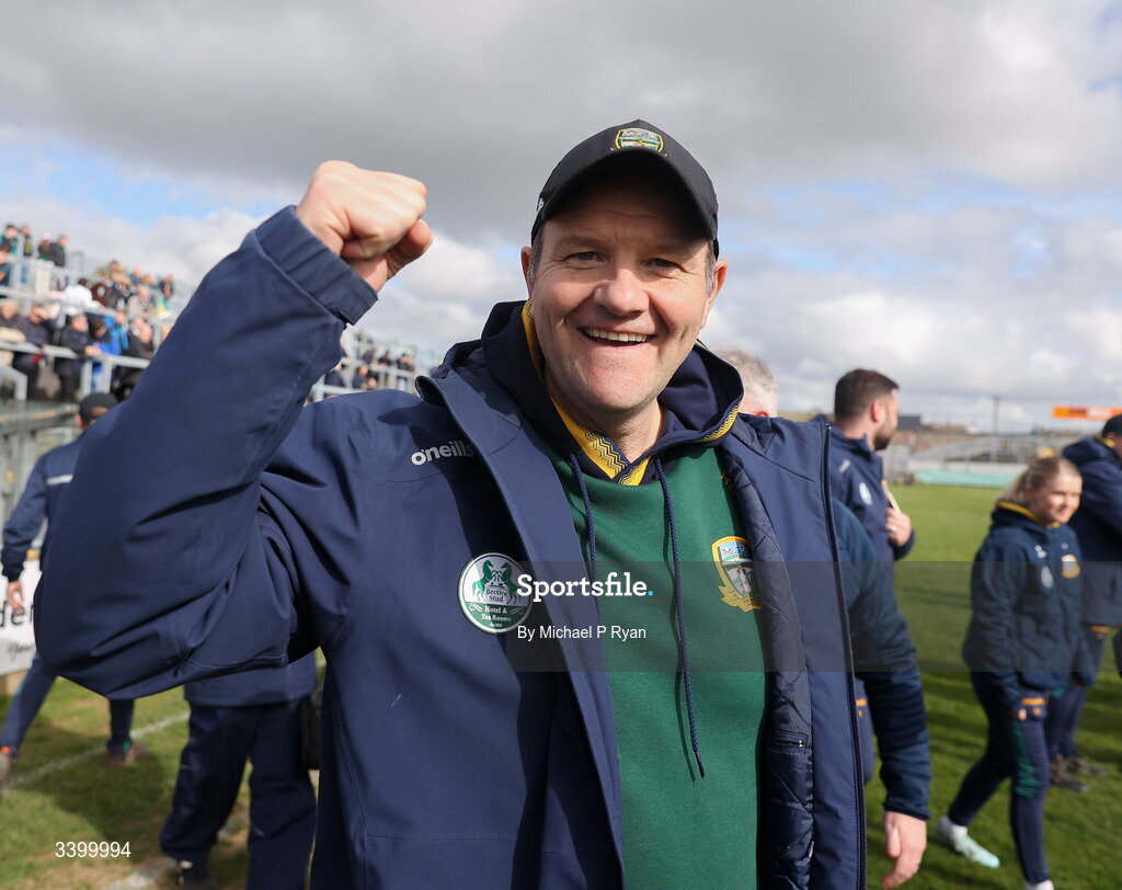 22 March 2026; Meath manager Robbie Brennan celebrates after the Allianz Football League Division 2 match between Offaly and Meath at Glenisk O'Connor Park in Tullamore, Offaly. Photo by Michael P Ryan/Sportsfile