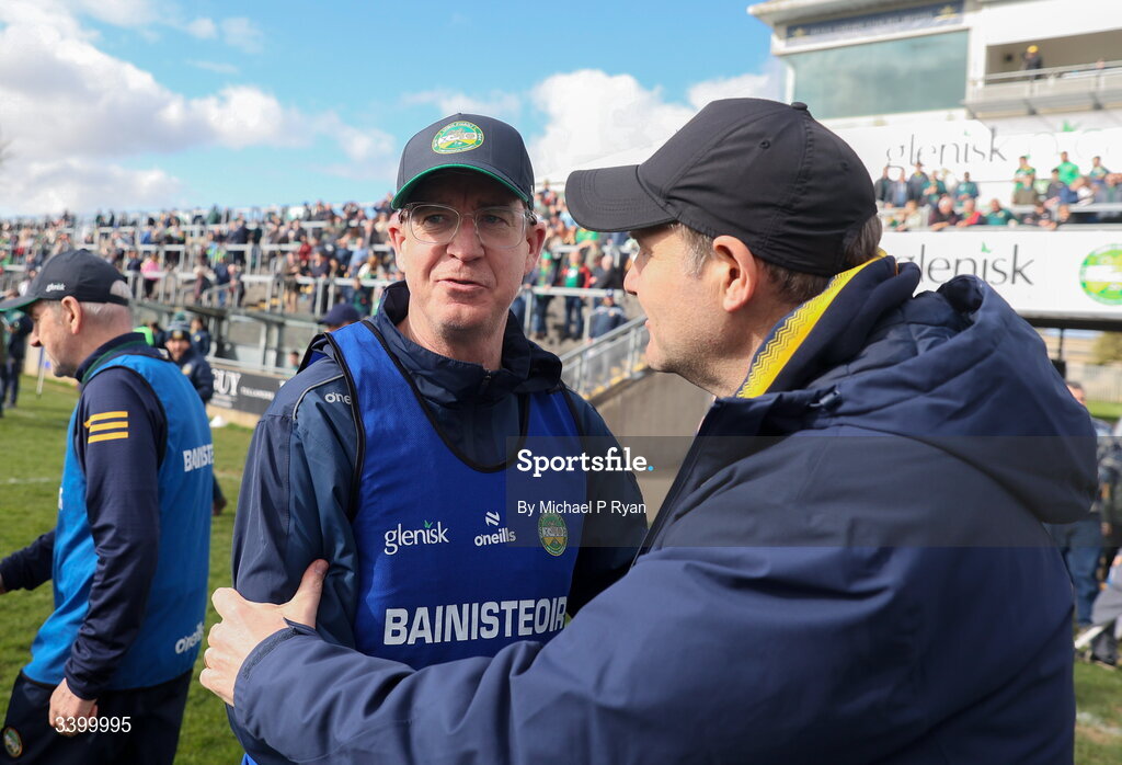22 March 2026; Meath manager Robbie Brennan with Offaly joint-manager Declan Kelly afterthe Allianz Football League Division 2 match between Offaly and Meath at Glenisk O'Connor Park in Tullamore, Offaly. Photo by Michael P Ryan/Sportsfile