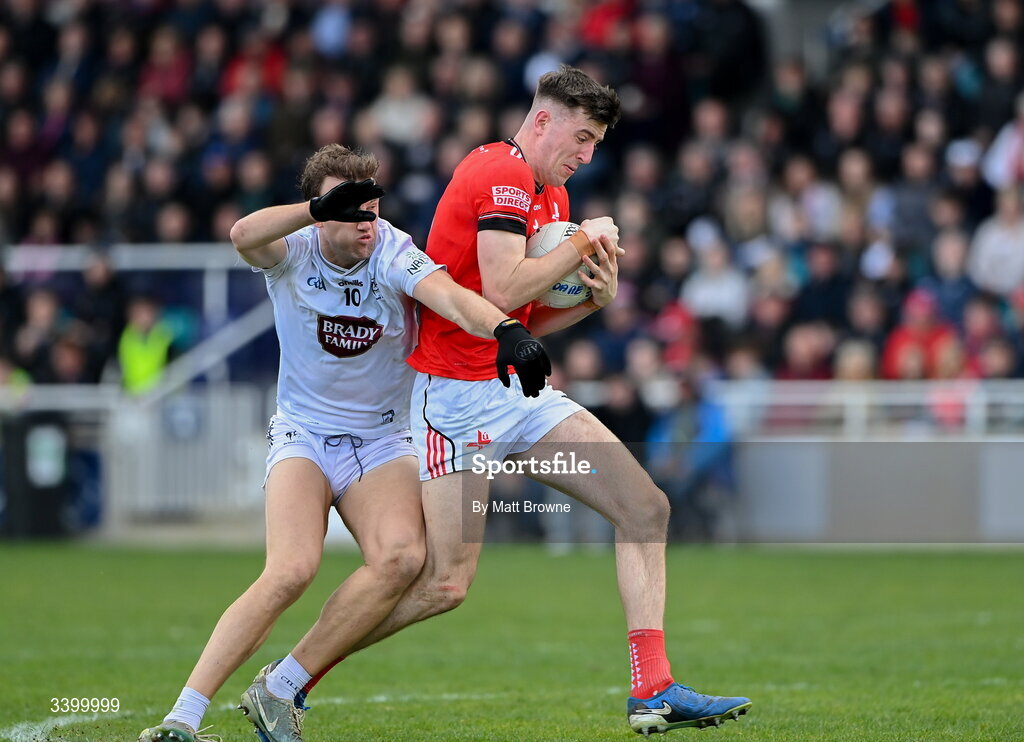 22 March 2026; Dara McDonnell of Louth in action against Darragh Kirwan of Kildare during the Allianz Football League Division 2 match between Kildare and Louth at Cedral St Conleth's Park in Newbridge, Kildare. Photo by Matt Browne/Sportsfile