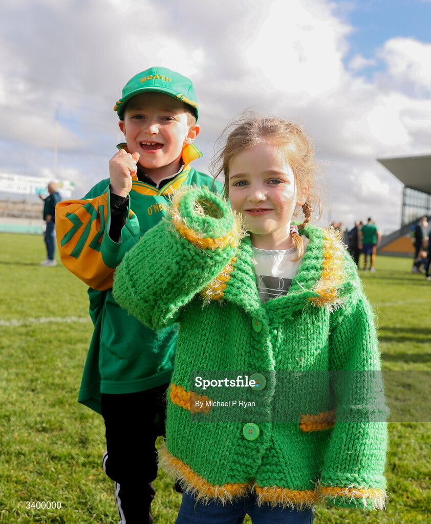 22 March 2026; Meath supporters Tom, age 6, and Mia Everard, age 4, after the Allianz Football League Division 2 match between Offaly and Meath at Glenisk O'Connor Park in Tullamore, Offaly. Photo by Michael P Ryan/Sportsfile