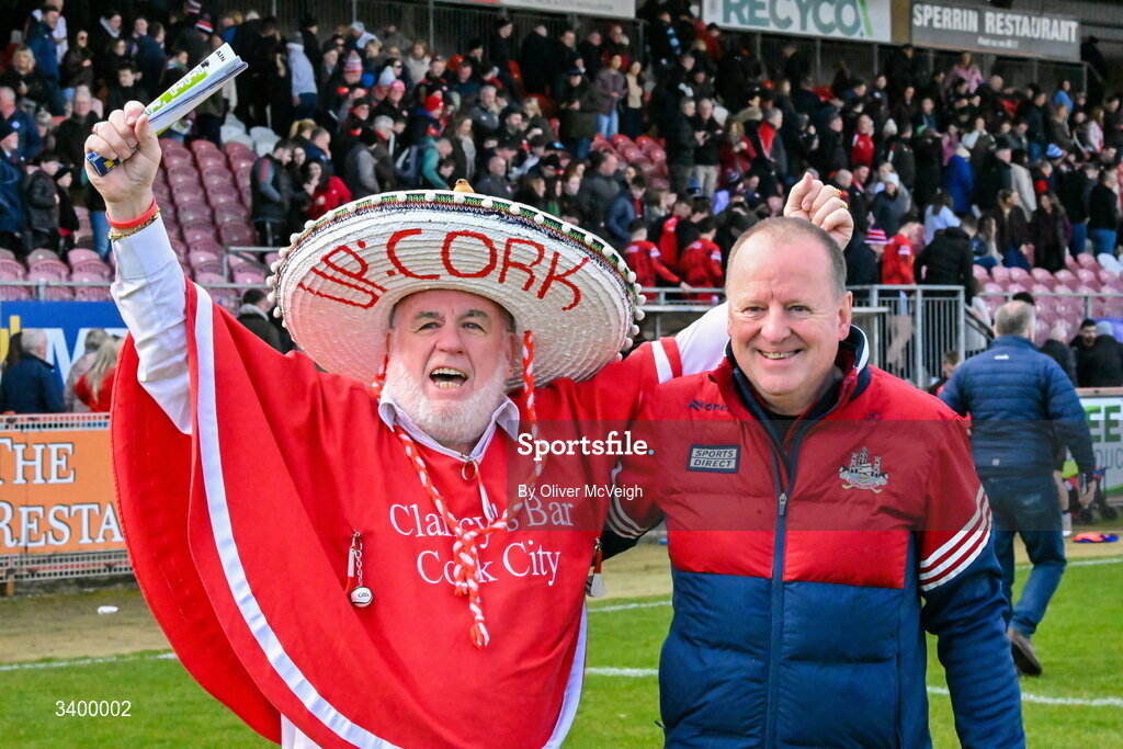 22 March Cork Manager John Cleary along with Cork supporter Cyril Kavanagh after the Allianz Football League Division 2 match between Tyrone and Cork at O'Neills Healy Park in Omagh, Tyrone. Photo by Oliver McVeigh/Sportsfile