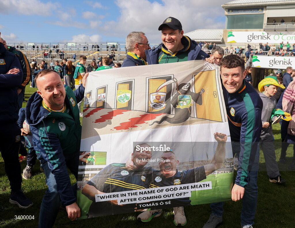 22 March 2026; Meath manager Robbie Brennan with supporters after the Allianz Football League Division 2 match between Offaly and Meath at Glenisk O'Connor Park in Tullamore, Offaly. Photo by Michael P Ryan/Sportsfile