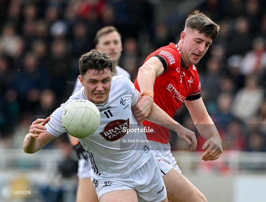 22 March 2026; Alex Beirne of Kildare in action against Dara McDonnell of Louth during the Allianz Football League Division 2 match between Kildare and Louth at Cedral St Conleth's Park in Newbridge, Kildare. Photo by Matt Browne/Sportsfile