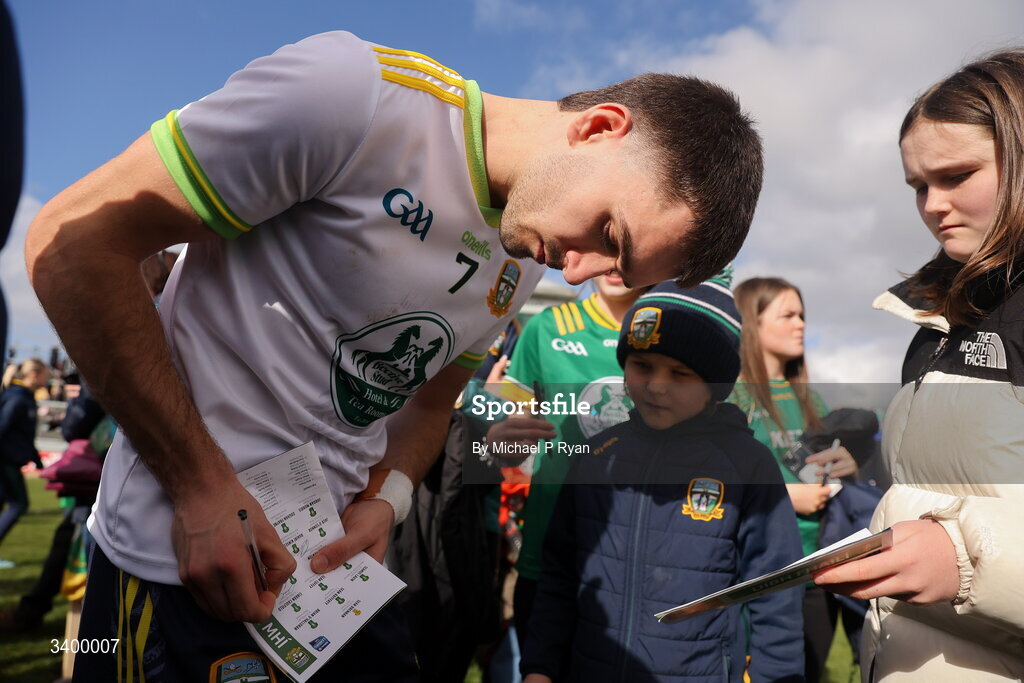 22 March 2026; Ciarán Caulfield of Meath signs autographs after the Allianz Football League Division 2 match between Offaly and Meath at Glenisk O'Connor Park in Tullamore, Offaly. Photo by Michael P Ryan/Sportsfile