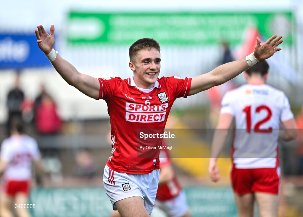 22 March 2026; Tommy Walsh of Cork celebrates after the Allianz Football League Division 2 match between Tyrone and Cork at O'Neills Healy Park in Omagh, Tyrone. Photo by Oliver McVeigh/Sportsfile