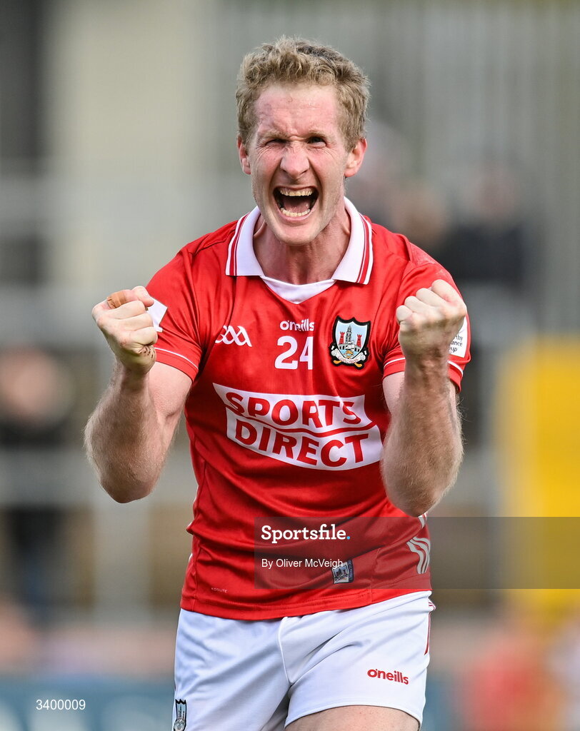 22 March 2026; Ruairi Deane of Cork celebrates after the Allianz Football League Division 2 match between Tyrone and Cork at O'Neills Healy Park in Omagh, Tyrone. Photo by Oliver McVeigh/Sportsfile
