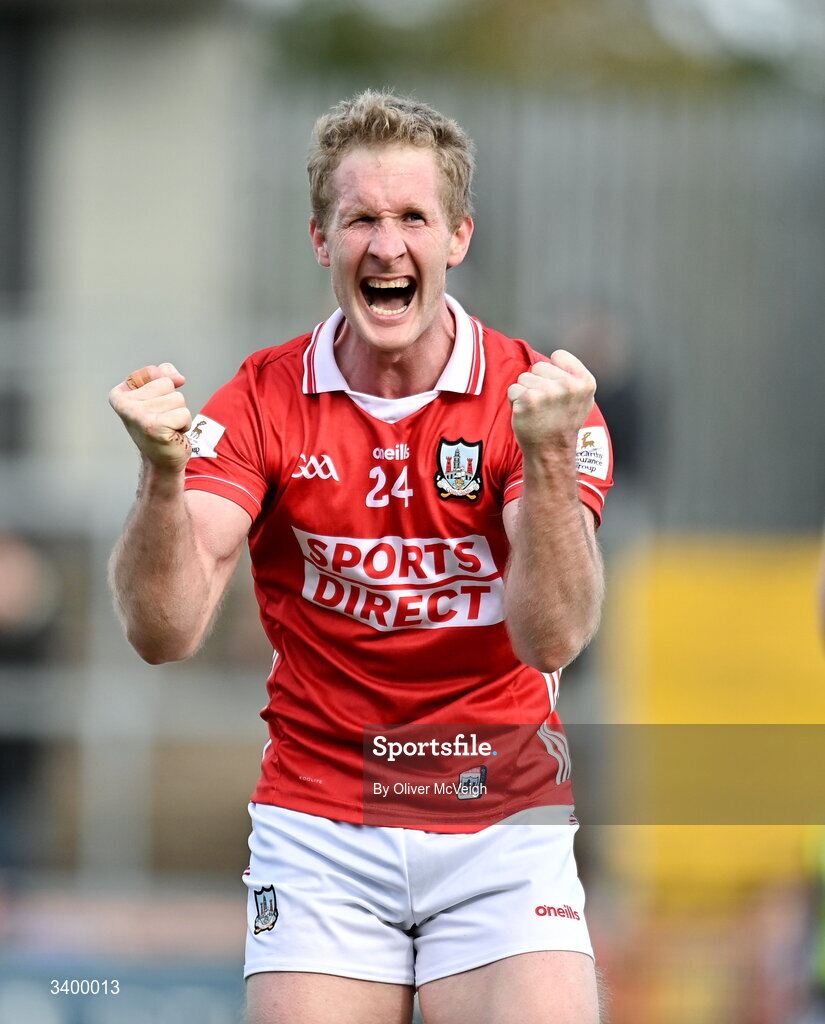 22 March 2026; Ruairi Deane of Cork celebrates after the Allianz Football League Division 2 match between Tyrone and Cork at O'Neills Healy Park in Omagh, Tyrone. Photo by Oliver McVeigh/Sportsfile