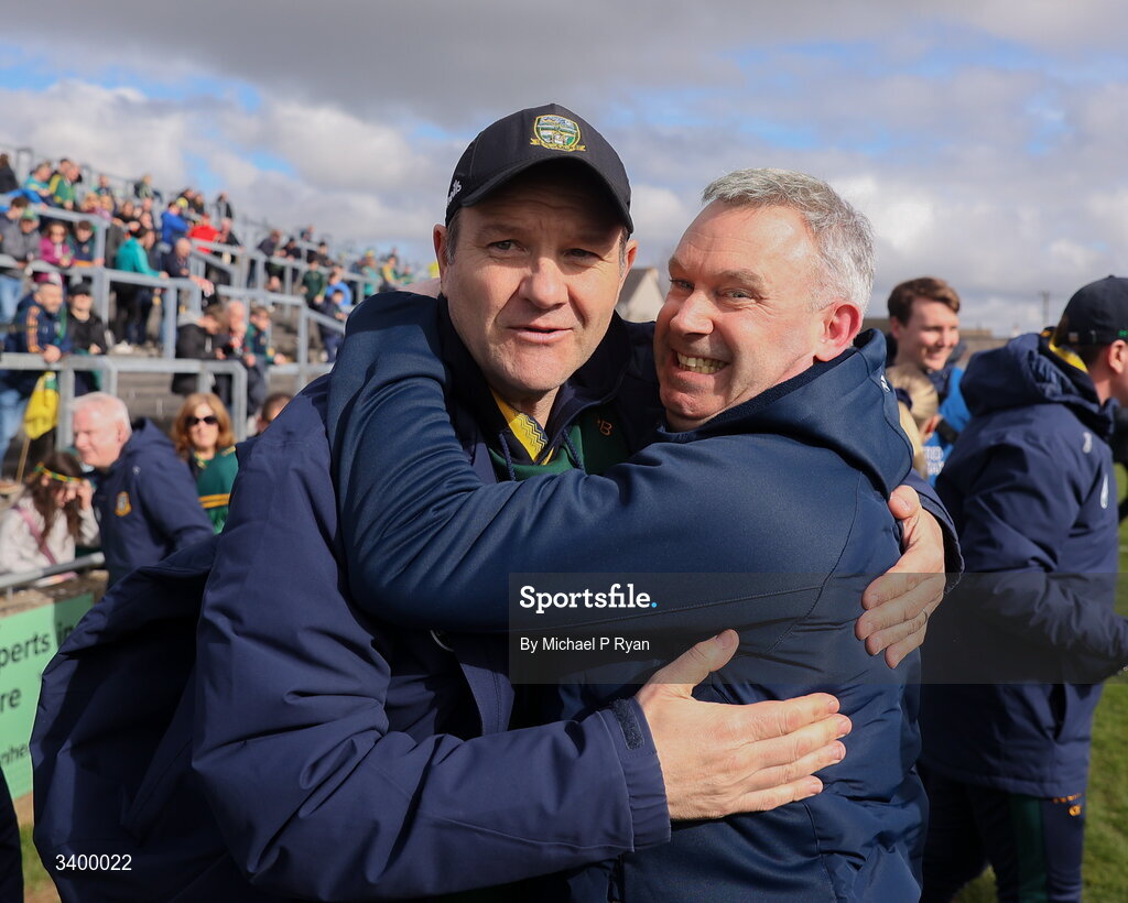 22 March 2026; Meath manager Robbie Brennan celebrates with selector Karl Manning after the Allianz Football League Division 2 match between Offaly and Meath at Glenisk O'Connor Park in Tullamore, Offaly. Photo by Michael P Ryan/Sportsfile