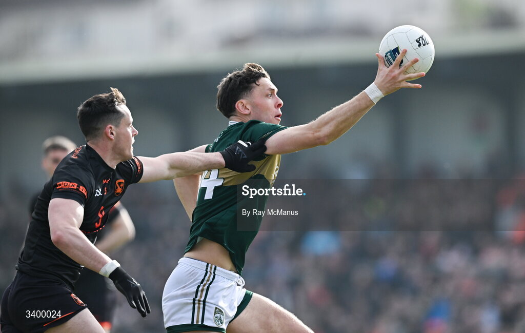 22 March 2026; David Clifford of Kerry is tackled by Aaron McKay of Armagh during the Allianz Football League Division 1 match between Armagh and Kerry at BOX-IT Athletic Grounds in Armagh. Photo by Ray McManus/Sportsfile