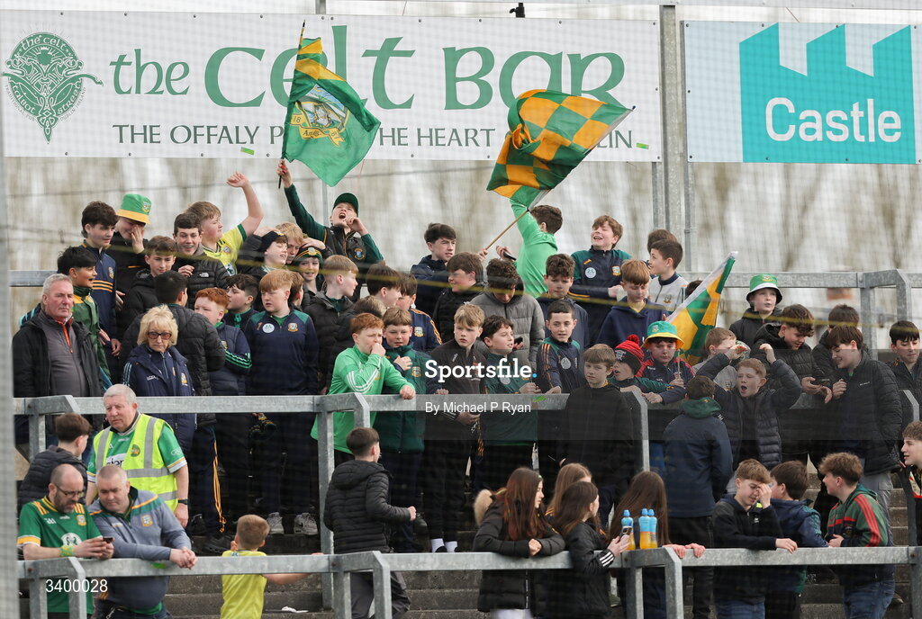 22 March 2026; Meath supporters during the Allianz Football League Division 2 match between Offaly and Meath at Glenisk O'Connor Park in Tullamore, Offaly. Photo by Michael P Ryan/Sportsfile