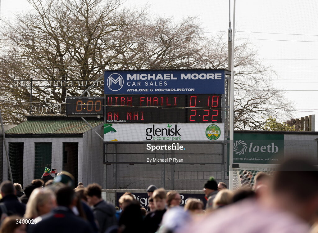 22 March 2026; The final score is shown on the scoreboard after the Allianz Football League Division 2 match between Offaly and Meath at Glenisk O'Connor Park in Tullamore, Offaly. Photo by Michael P Ryan/Sportsfile