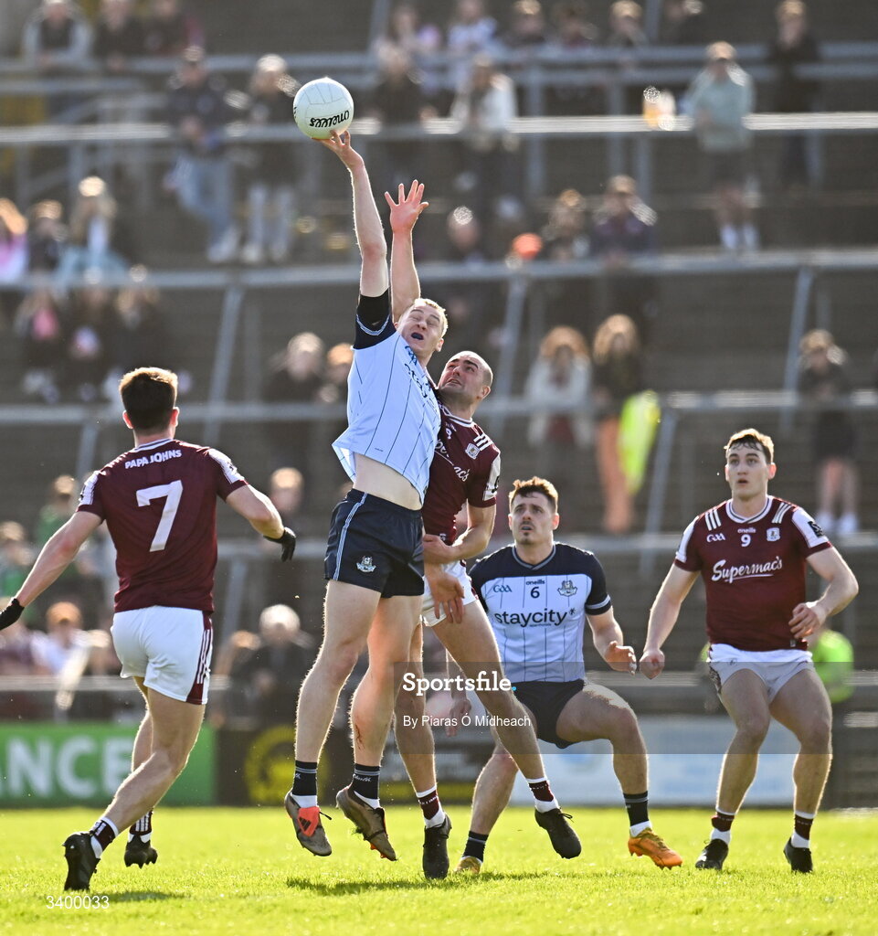 22 March 2026; Peadar Ó Cofaigh Byrne of Dublin in action against John Maher of Galway during the Allianz Football League Division 1 match between Galway and Dublin at Pearse Stadium in Galway. Photo by Piaras Ó Mídheach/Sportsfile