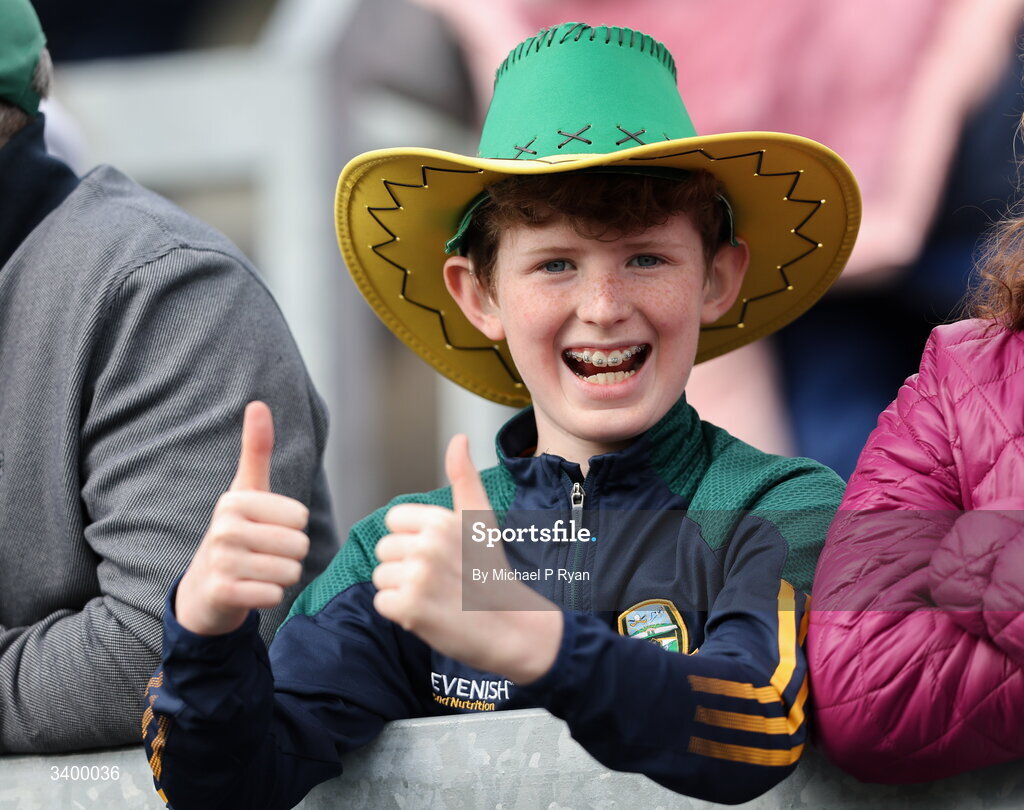 22 March 2026; A Meath supporter during the Allianz Football League Division 2 match between Offaly and Meath at Glenisk O'Connor Park in Tullamore, Offaly. Photo by Michael P Ryan/Sportsfile